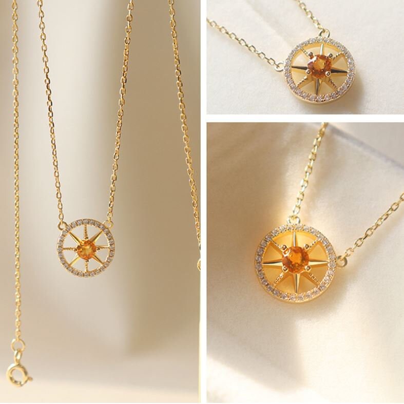 14k Gold Vermeil Citrine North Star Necklace, Dainty Citrine CZ Star Necklace, Sunburst Necklace, Gold Round Necklace, Gift for her, GN59