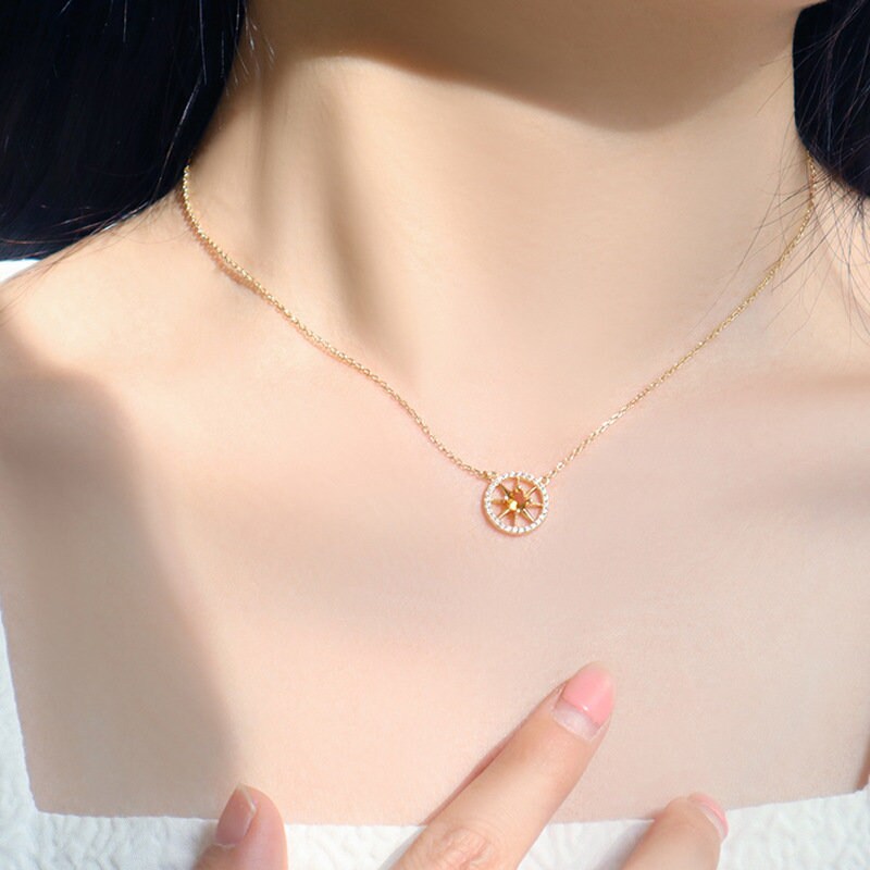 14k Gold Vermeil Citrine North Star Necklace, Dainty Citrine CZ Star Necklace, Sunburst Necklace, Gold Round Necklace, Gift for her, GN59