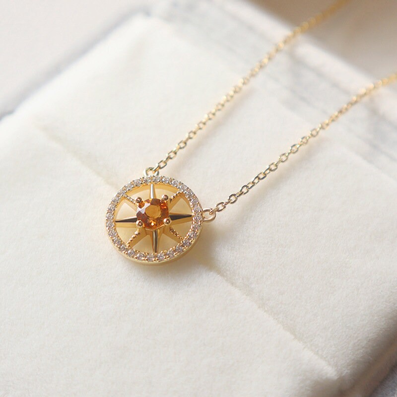 14k Gold Vermeil Citrine North Star Necklace, Dainty Citrine CZ Star Necklace, Sunburst Necklace, Gold Round Necklace, Gift for her, GN59