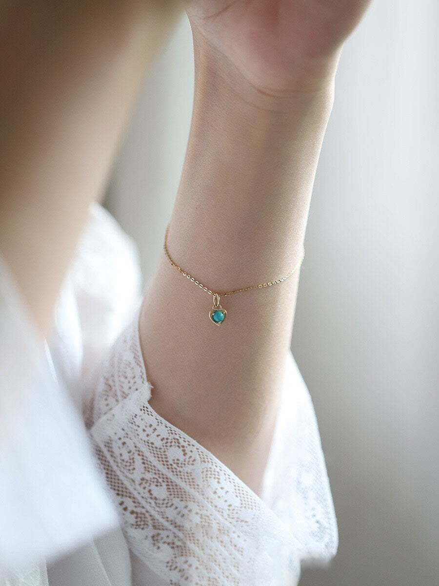 Gold Vermeil Turquoise Charm Necklace, Turquoise Heart-shaped Pendant, Turquoise Charm Bracelet, Minimalist Turquoise Charm, Gift, GN58