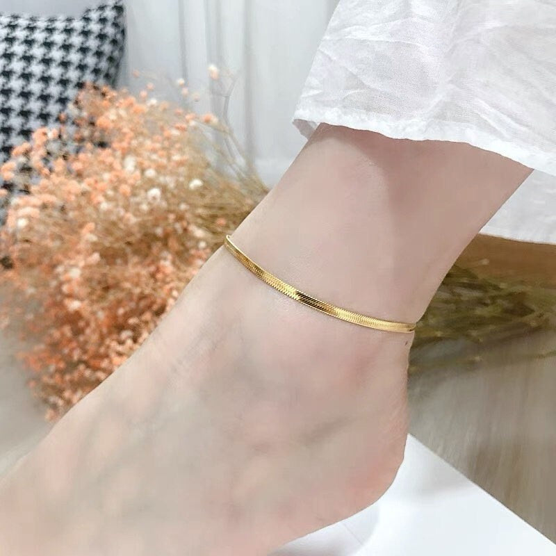 14k Gold Vermeil Flat Snake Chain Anklet, Gold Snake Chain Ankle Brace, Herringbone Chain Anklet, Minimalist Anklet, Gift for her, GA06