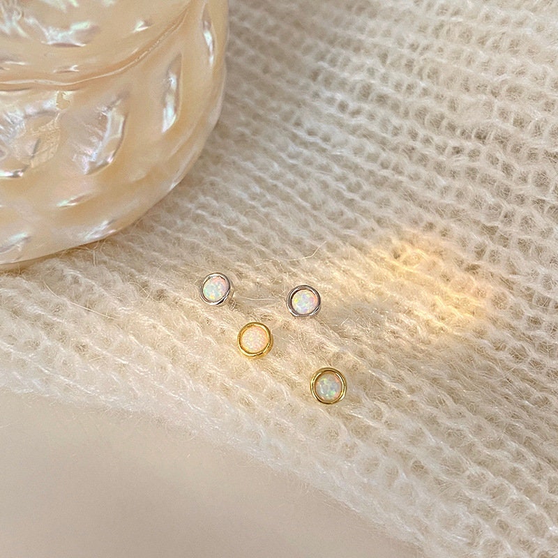 Tiny Gold Opal Stud Earrings, Dainty S925 Silver Opal Earrings, Helix/Tragus Earrings, Minimalist Gold Opal Studs, Gift for her, GE181