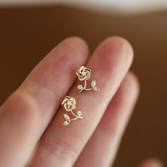 Gold Vermeil Rose Stud Earrings, Dainty CZ Rose Earrings, Branch Rose Earring, Natural Plant Earring, Minimalist Earring, Gift for her GE187