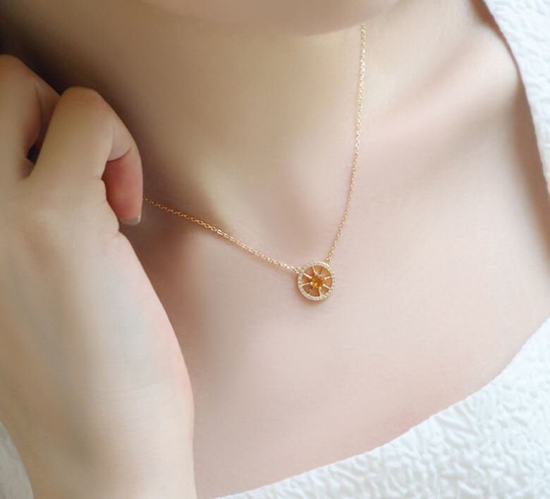 14k Gold Vermeil Citrine North Star Necklace, Dainty Citrine CZ Star Necklace, Sunburst Necklace, Gold Round Necklace, Gift for her, GN59