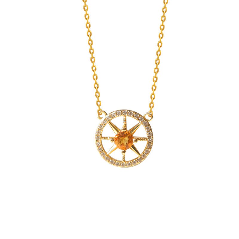 14k Gold Vermeil Citrine North Star Necklace, Dainty Citrine CZ Star Necklace, Sunburst Necklace, Gold Round Necklace, Gift for her, GN59