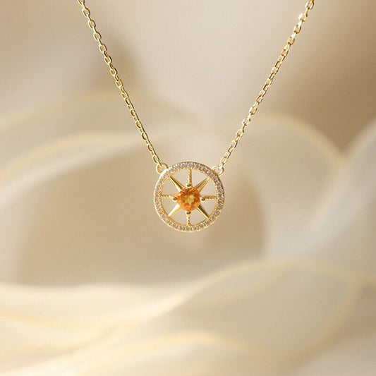 14k Gold Vermeil Citrine North Star Necklace, Dainty Citrine CZ Star Necklace, Sunburst Necklace, Gold Round Necklace, Gift for her, GN59