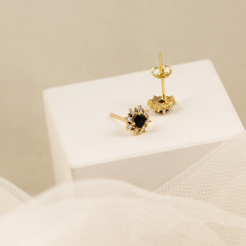 14k Gold Vermeil Tiny Black Onyx Stud Earrings, Round Onyx Paving full CZ Earrings, Minimalist Earrings, Helix Earrings, Gift for her, GE200