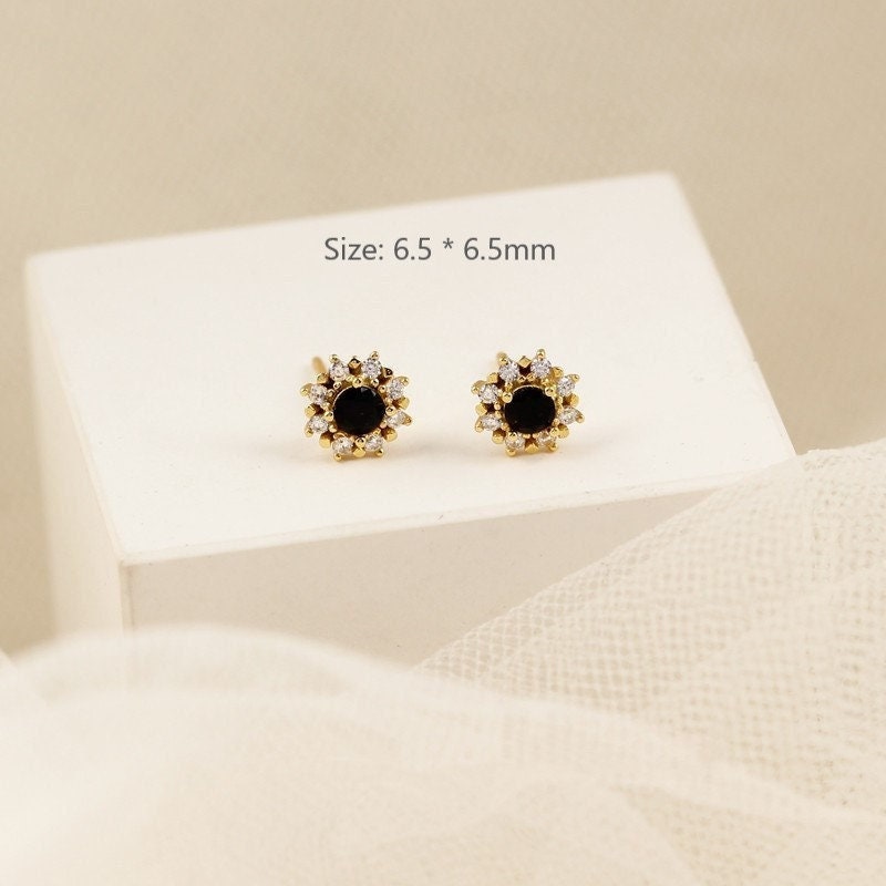 14k Gold Vermeil Tiny Black Onyx Stud Earrings, Round Onyx Paving full CZ Earrings, Minimalist Earrings, Helix Earrings, Gift for her, GE200