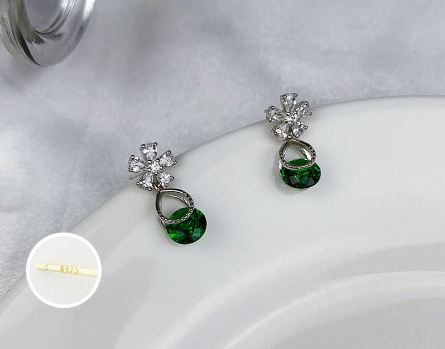 Delicate CZ Flower & Emerald Drop/Dangle Earrings, Sparkly Flower CZ Earrings, Dainty Round Cur Emerald Drop Earrings, Gift for her, GE201