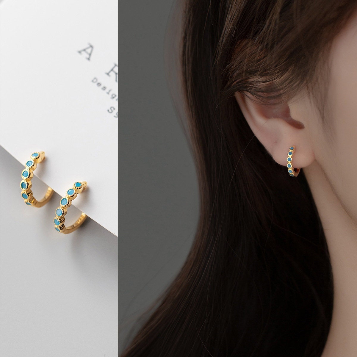 Dainty Gold Blue CZ Hoop Earrings, Blue Hoop Earrings, Classic Blue Hoop Earring, Minimalist Hoop Earrings, Gift for her, GE194