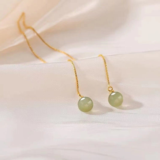 Genuine Jade Threader Drop & Dangle Earrings, Gold Jade Tassel Earrings, Dainty Jade Gold Chain Dangle Earrings, Gift for her, GE206