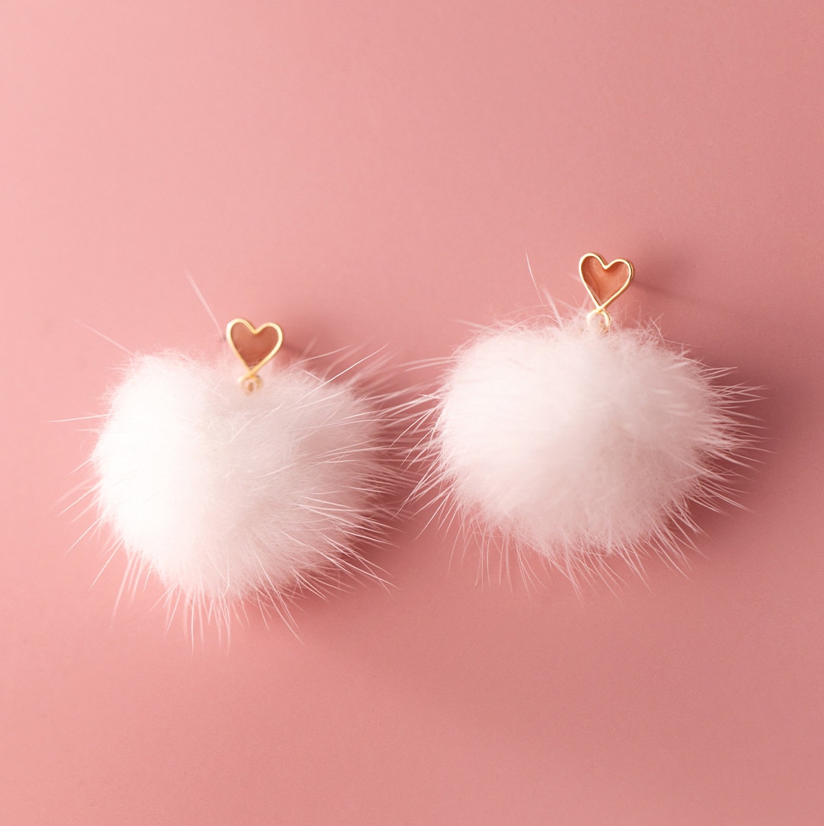 Gold Enamel Heart Puffer Ball Drop & Dangle Earrings, Dainty Fur Ball Drop Earrings, Minimalist Unique Earring, Gifts for her, GE195