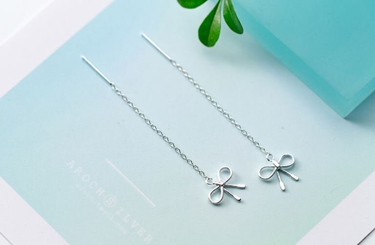 Delicate Bow Threader Drop & Dangle Earrings, S925 Silver Bow Tassel Earrings, Dainty Bow Chain Drop Earrings, Gift for her, GE197