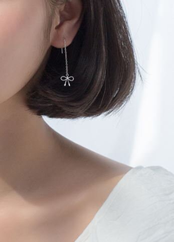 Delicate Bow Threader Drop & Dangle Earrings, S925 Silver Bow Tassel Earrings, Dainty Bow Chain Drop Earrings, Gift for her, GE197