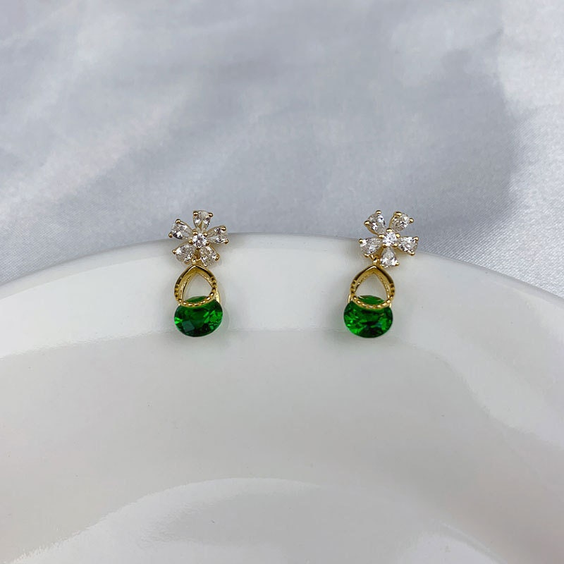 Delicate CZ Flower & Emerald Drop/Dangle Earrings, Sparkly Flower CZ Earrings, Dainty Round Cur Emerald Drop Earrings, Gift for her, GE201