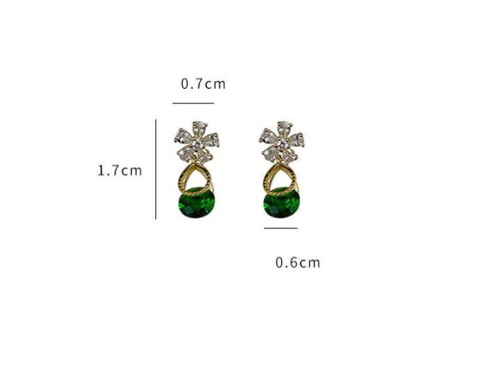 Delicate CZ Flower & Emerald Drop/Dangle Earrings, Sparkly Flower CZ Earrings, Dainty Round Cur Emerald Drop Earrings, Gift for her, GE201