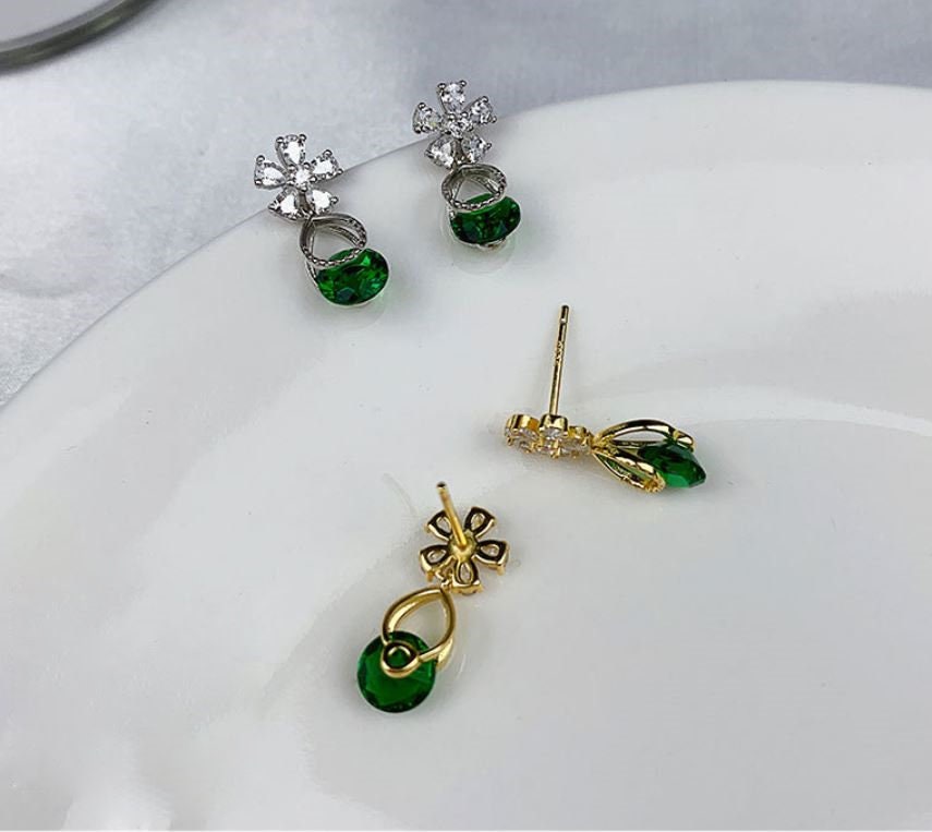 Delicate CZ Flower & Emerald Drop/Dangle Earrings, Sparkly Flower CZ Earrings, Dainty Round Cur Emerald Drop Earrings, Gift for her, GE201