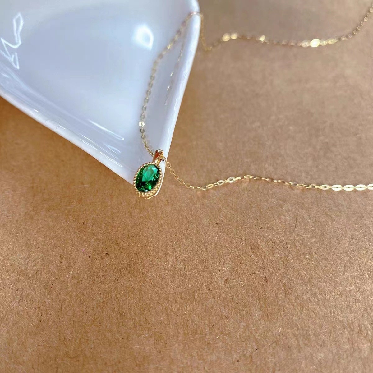 Dainty Oval Emerald CZ Necklace, Thick 14k Gold Plated Sterling Silver Simulated Emerald Necklace, Pretty and Timeless Design, Gifts, GN23