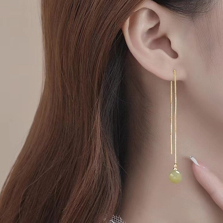 Genuine Jade Threader Drop & Dangle Earrings, Gold Jade Tassel Earrings, Dainty Jade Gold Chain Dangle Earrings, Gift for her, GE206