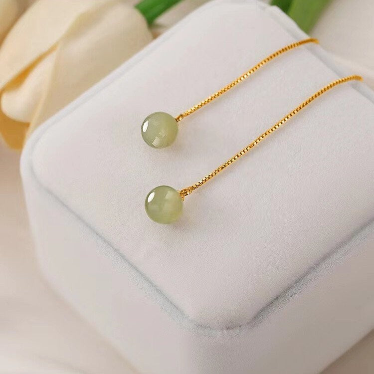 Genuine Jade Threader Drop & Dangle Earrings, Gold Jade Tassel Earrings, Dainty Jade Gold Chain Dangle Earrings, Gift for her, GE206