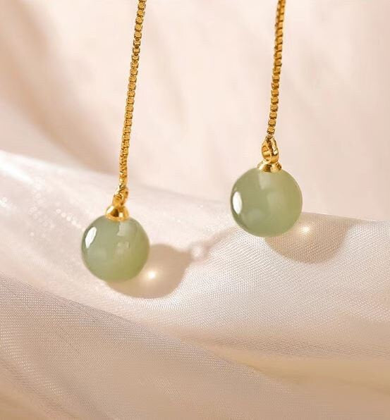 Genuine Jade Threader Drop & Dangle Earrings, Gold Jade Tassel Earrings, Dainty Jade Gold Chain Dangle Earrings, Gift for her, GE206