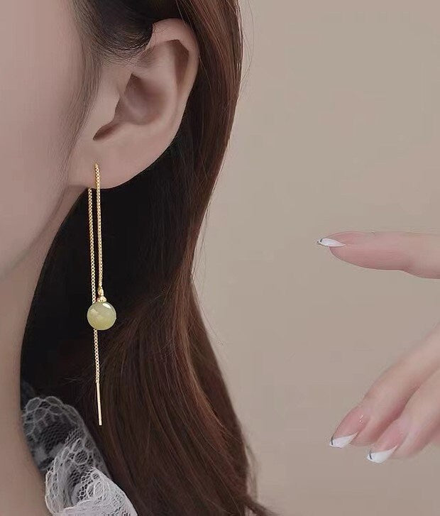 Genuine Jade Threader Drop & Dangle Earrings, Gold Jade Tassel Earrings, Dainty Jade Gold Chain Dangle Earrings, Gift for her, GE206