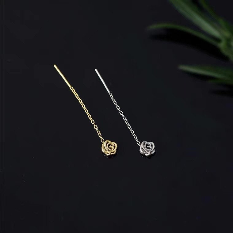 Dainty Rose Threader Drop & Dangle Earrings, Gold Vermeil Rose Tassel Earrings, Flower Dangle Earrings, Silver Rose Tassel Earring, GE176