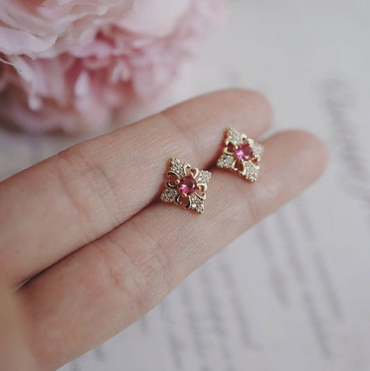 Gold Vermeil Vintage Ruby Stud Earrings, Gold Ruby CZ Earrings, Dainty CZ paving Ruby Earrings, Minimalist Earring, Gift for her GE209