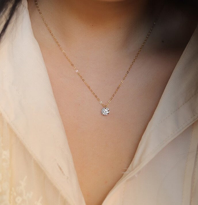 Dainty Gold Round Cut CZ Diamond Necklace, Sparkly Crystal Necklace, Gold CZ Pendant, Minimalist Simple Earrings, Gift for her, GN62