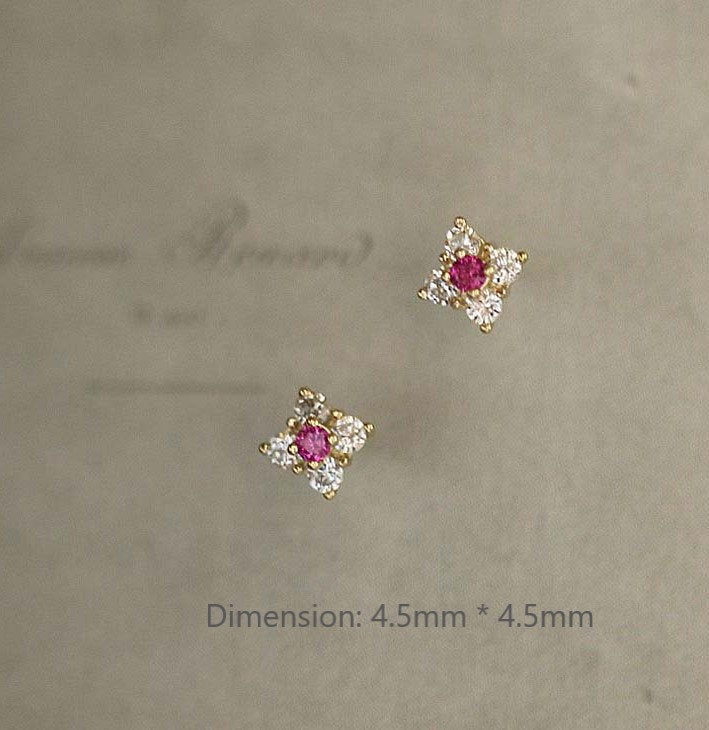 9k Solid Gold Ruby CZ Flower Earrings, Solid Gold Flower Studs, Tiny Gold Studs, Timeless solid gold earrings, Perfect Gift for her, GKE09