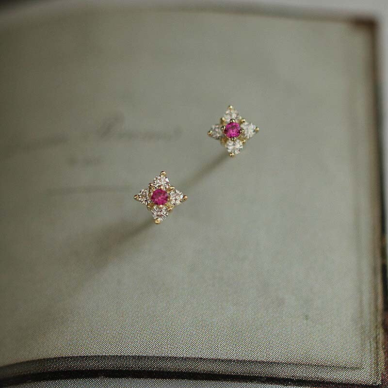 9k Solid Gold Ruby CZ Flower Earrings, Solid Gold Flower Studs, Tiny Gold Studs, Timeless solid gold earrings, Perfect Gift for her, GKE09