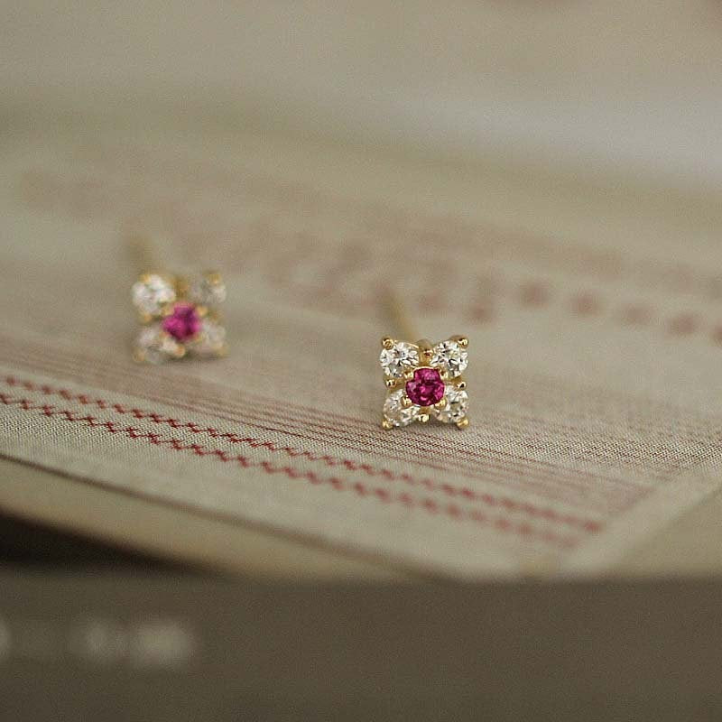 9k Solid Gold Ruby CZ Flower Earrings, Solid Gold Flower Studs, Tiny Gold Studs, Timeless solid gold earrings, Perfect Gift for her, GKE09