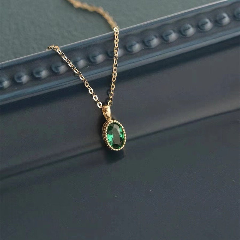 Dainty Oval Emerald CZ Necklace, Thick 14k Gold Plated Sterling Silver Simulated Emerald Necklace, Pretty and Timeless Design, Gifts, GN23