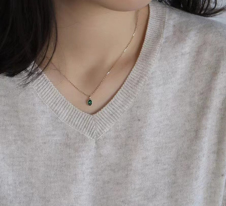 Dainty Oval Emerald CZ Necklace, Thick 14k Gold Plated Sterling Silver Simulated Emerald Necklace, Pretty and Timeless Design, Gifts, GN23