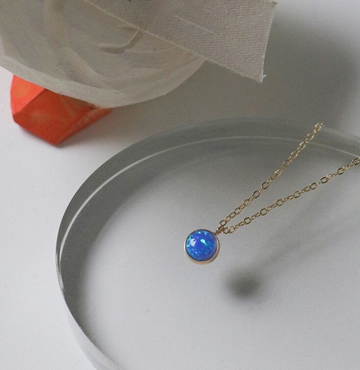 14k Gold Vermeil Blue Opal Necklace, Gold Opal Pendant, Blue Opal Charm, Minimalist Opal Necklace, Stackable Necklace, Women necklace, GN64