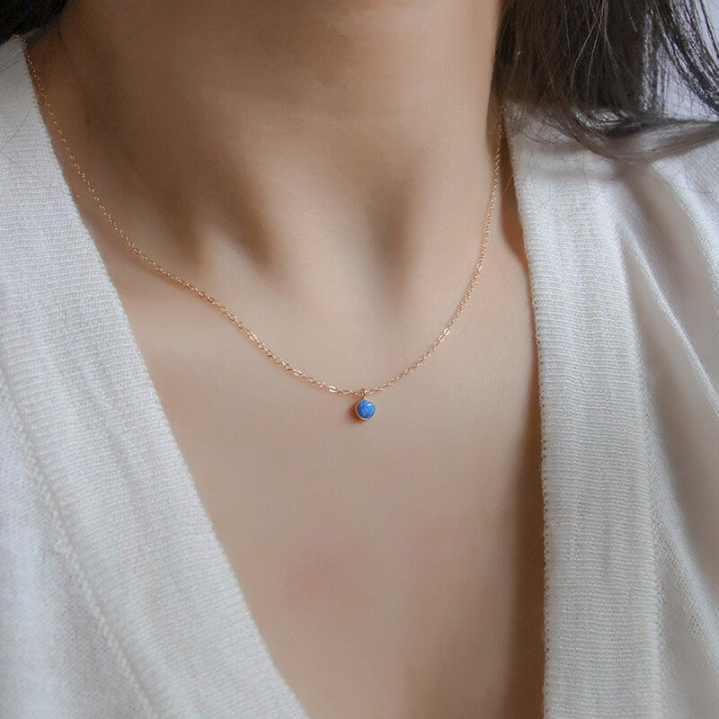 14k Gold Vermeil Blue Opal Necklace, Gold Opal Pendant, Blue Opal Charm, Minimalist Opal Necklace, Stackable Necklace, Women necklace, GN64