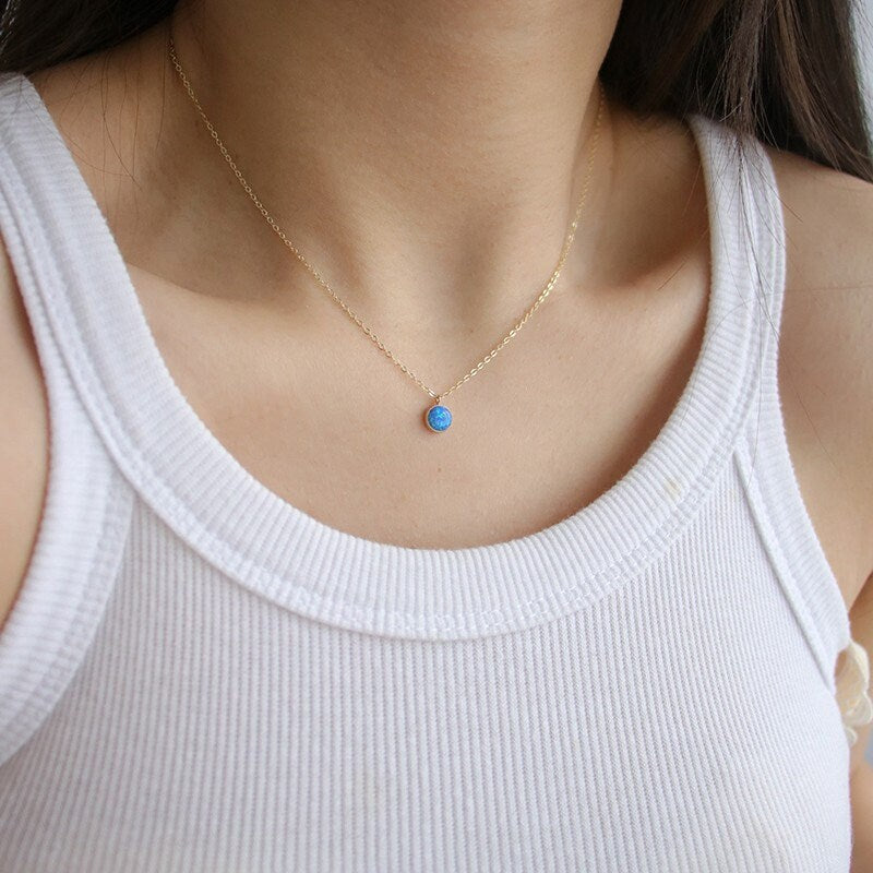 14k Gold Vermeil Blue Opal Necklace, Gold Opal Pendant, Blue Opal Charm, Minimalist Opal Necklace, Stackable Necklace, Women necklace, GN64