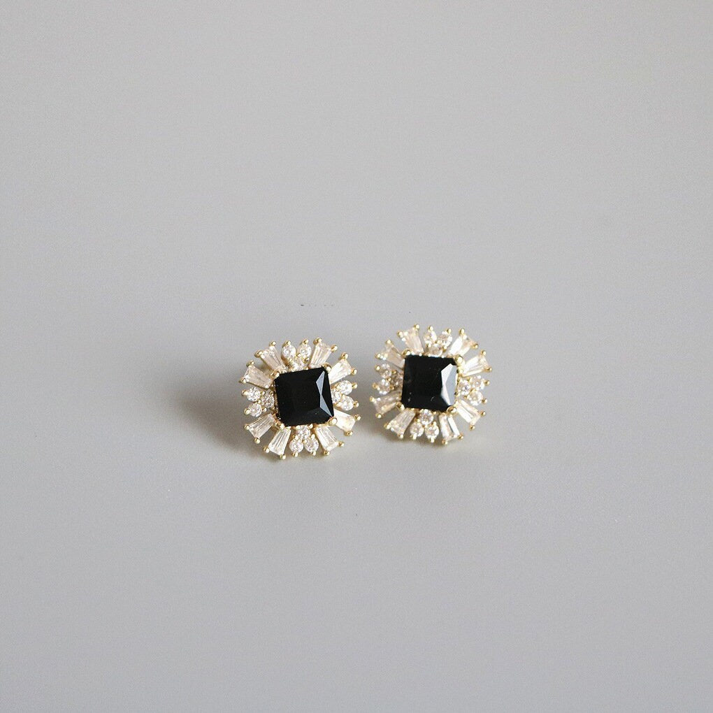 Gold Black CZ Paving with full Dimond CZ Earring, Black Onyx Stud Earrings, Sparkly CZ feature Onyx Earrings, Minimalist Gift for her, GE220