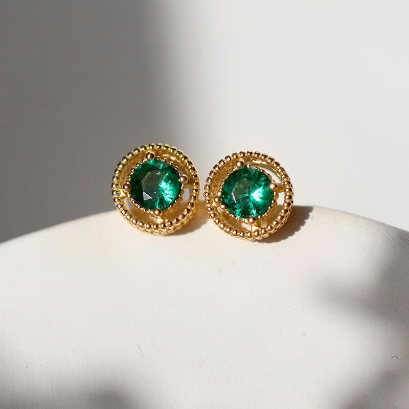 14k Gold Vermeil Round Cut Emerald CZ Earrings, Round Emerald Studs, May Birth Stone Earrings, Gift for her, GE225