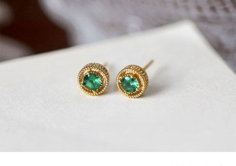 14k Gold Vermeil Round Cut Emerald CZ Earrings, Round Emerald Studs, May Birth Stone Earrings, Gift for her, GE225