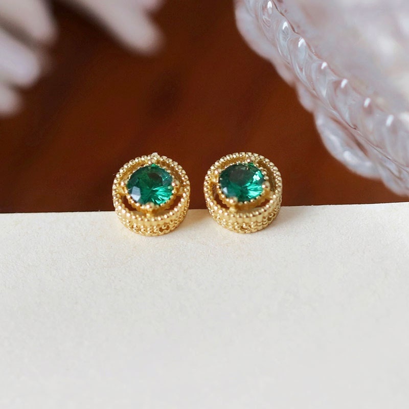 14k Gold Vermeil Round Cut Emerald CZ Earrings, Round Emerald Studs, May Birth Stone Earrings, Gift for her, GE225