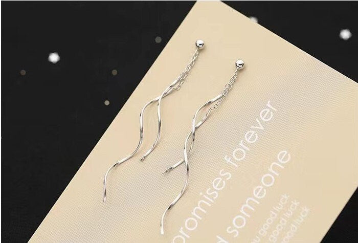 Spiral Chain Dangle Earrings, 925 Silver Wave-shape Drop Earrings, Dainty Silver Drop Earrings, Mother's Day Gifts, Long Earrings, GE228