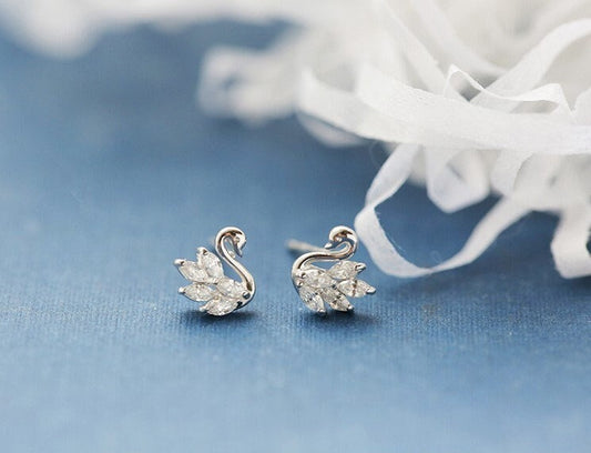 S925 Silver CZ Swan Earrings, Dainty Small Swan Studs, Delicate Crystal Swan Earring, Minimalist Earring, Gift for her, GE230