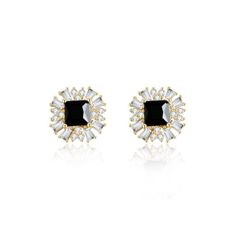 Gold Black CZ Paving with full Dimond CZ Earring, Black Onyx Stud Earrings, Sparkly CZ feature Onyx Earrings, Minimalist Gift for her, GE220