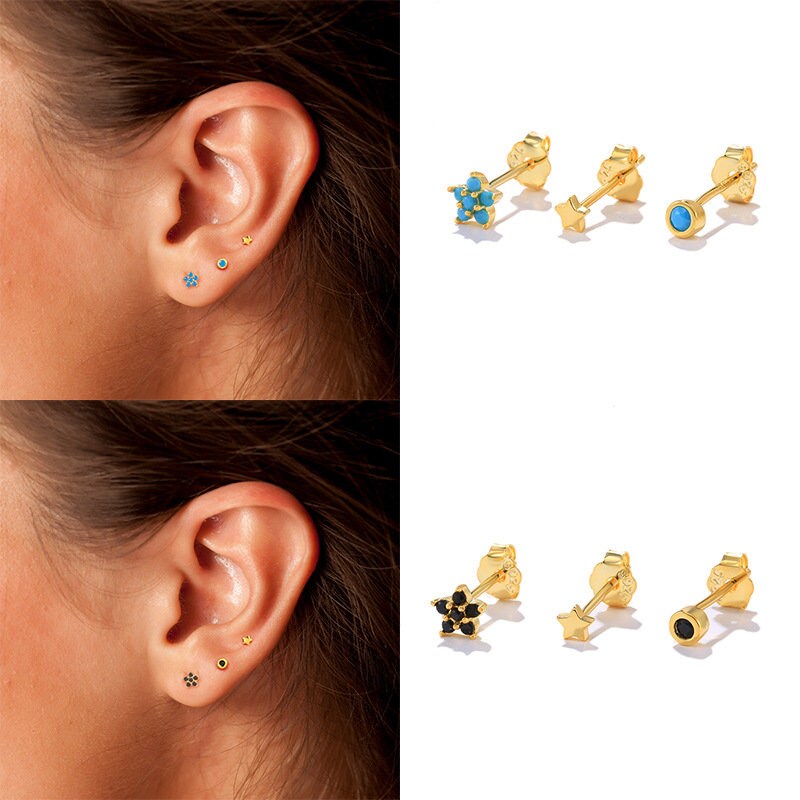 Gold Turquoise Star Earrings, 3 Earrings a Set, Tiny Blue Turquoise Studs, Helix Turquoise Earrings, Minimalist Earring, Gift for her, GE222