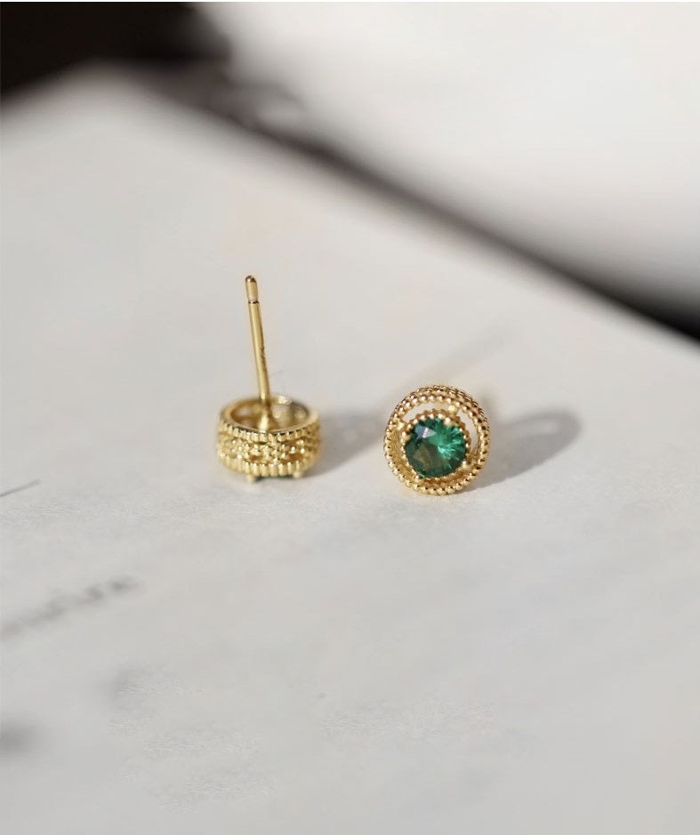 14k Gold Vermeil Round Cut Emerald CZ Earrings, Round Emerald Studs, May Birth Stone Earrings, Gift for her, GE225