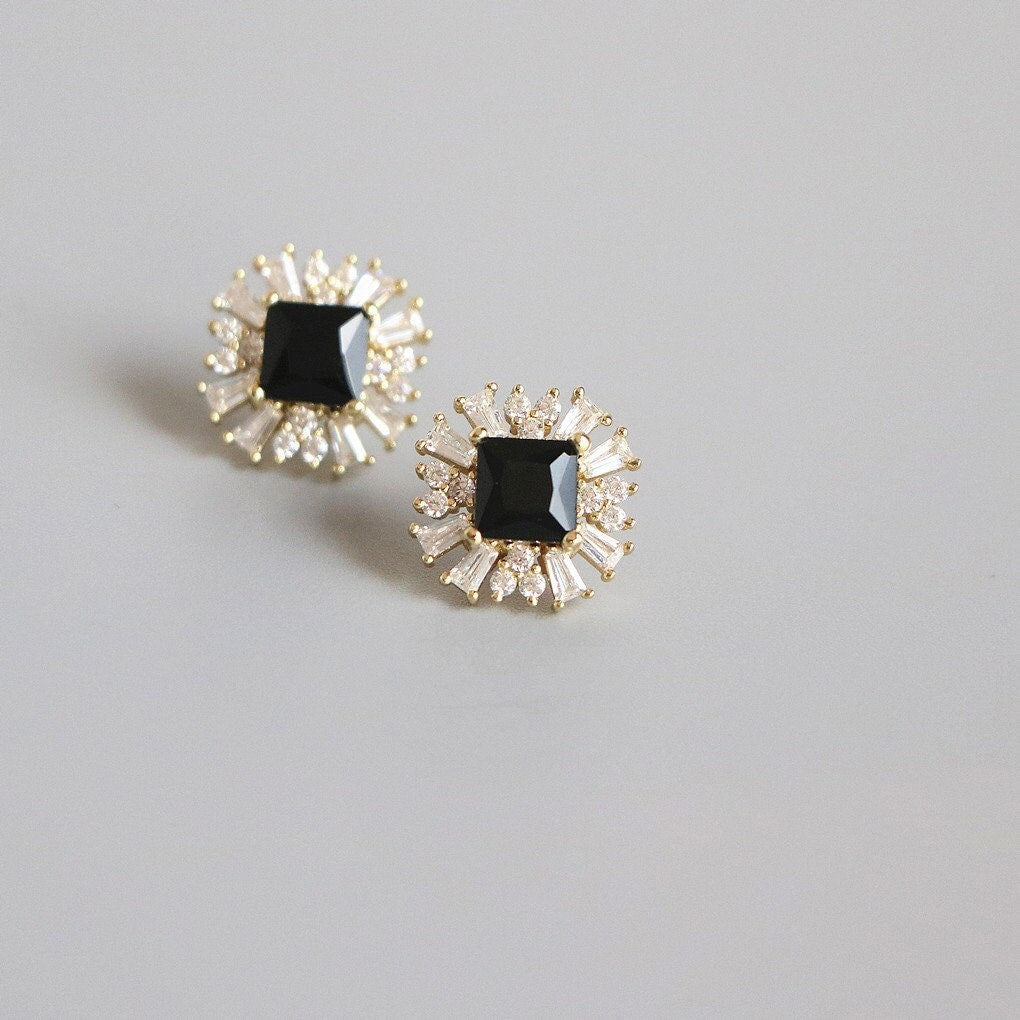 Gold Black CZ Paving with full Dimond CZ Earring, Black Onyx Stud Earrings, Sparkly CZ feature Onyx Earrings, Minimalist Gift for her, GE220