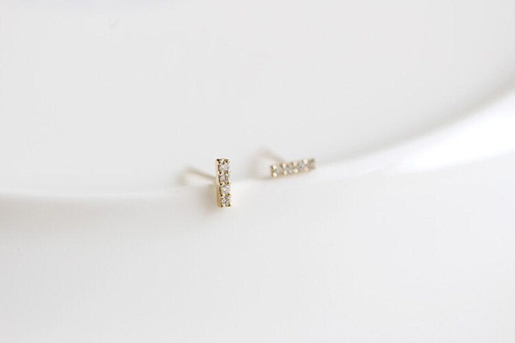 Dainty CZ Gold Bar Stud Earrings, 14k Gold Vermeil Bar Earrings, Sparkly CZ Line Earrings, Helix/Tragus Earrings, Minimalist Earrings, GE235