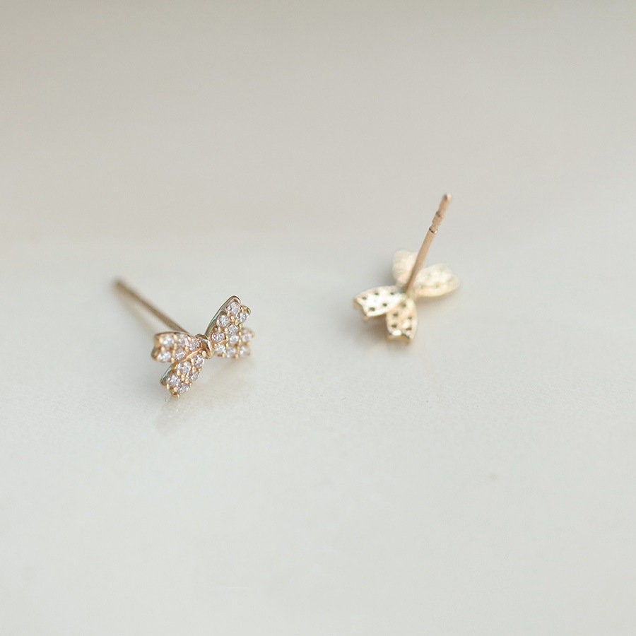 14k Gold Vermeil Bow Stud Earrings, Full Diamond CZ Paving Ribbon Bow Earrings, Minimalist Ribbon Earrings, Gift for her/Mom/Sister, GE236