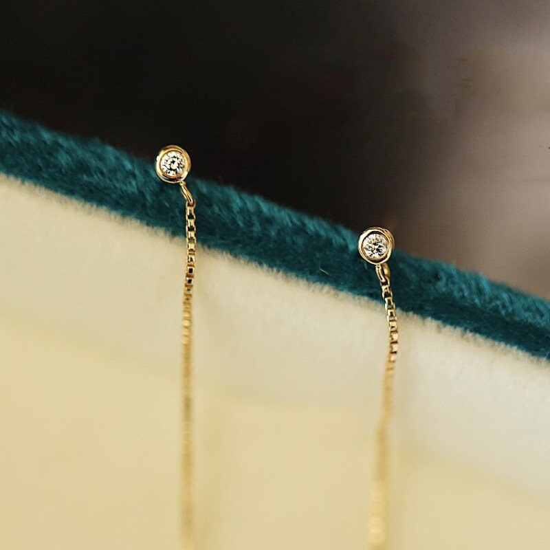 Delicate 14k Gold Vermeil Threader Earrings, Single Diamond CZ Long Chain Drop/Dangle Earrings, Dainty Tassel Earrings, Gift for her GE238